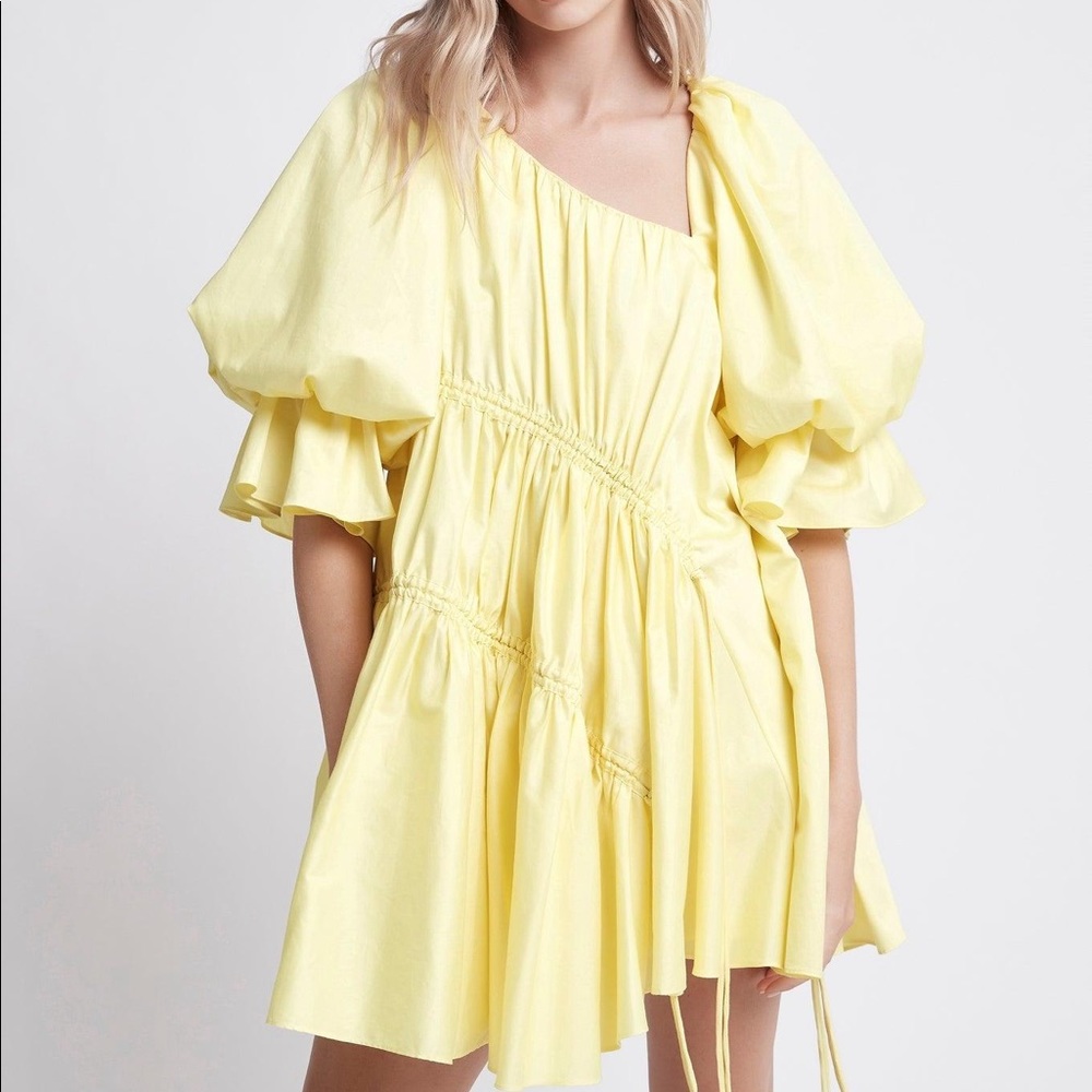 Aje. Hushed Asymmetric Yellow Puff Sleeve Dress